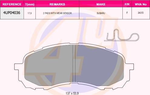 4U 4UP04036 - Гальмівні колодки, дискові гальма autozip.com.ua