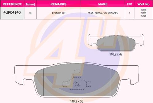 4U 4UP04140 - Гальмівні колодки, дискові гальма autozip.com.ua