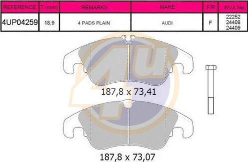 4U 4UP04259 - Гальмівні колодки, дискові гальма autozip.com.ua