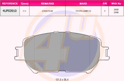 4U 4UP03910 - Гальмівні колодки, дискові гальма autozip.com.ua