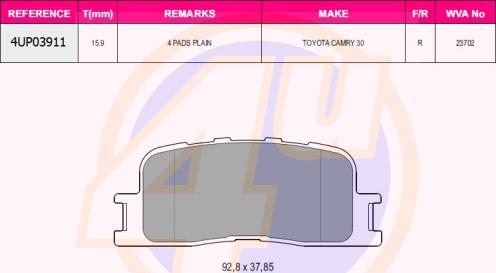 4U 4UP03911 - Гальмівні колодки, дискові гальма autozip.com.ua