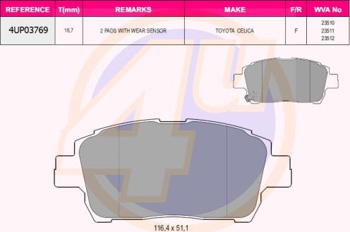 4U 4UP03769 - Гальмівні колодки, дискові гальма autozip.com.ua