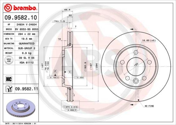 A.B.S. 09.9582.11 - Гальмівний диск autozip.com.ua