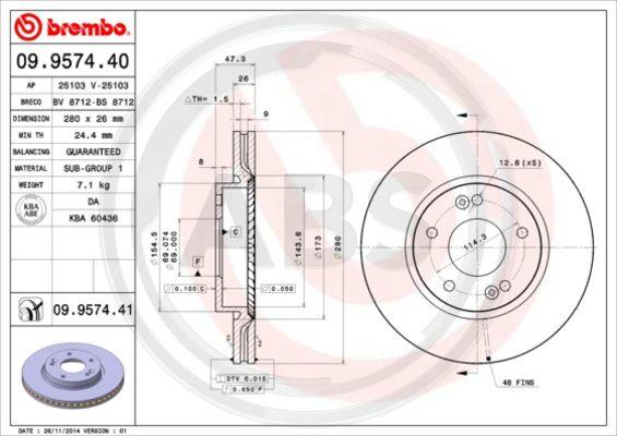 A.B.S. 09.9574.41 - Гальмівний диск autozip.com.ua