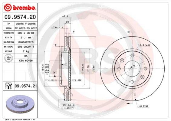 A.B.S. 09.9574.21 - Гальмівний диск autozip.com.ua