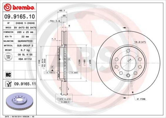 A.B.S. 09.9165.11 - Гальмівний диск autozip.com.ua