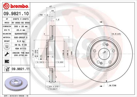 A.B.S. 09.9821.11 - Гальмівний диск autozip.com.ua