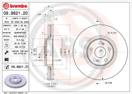 A.B.S. 09.9821.21 - Гальмівний диск autozip.com.ua