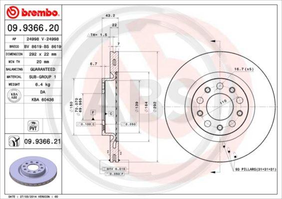 A.B.S. 09.9366.21 - Гальмівний диск autozip.com.ua