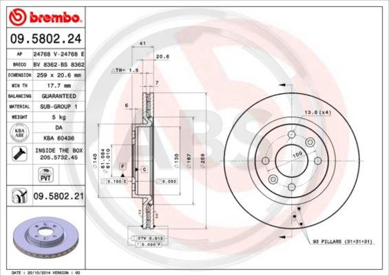 A.B.S. 09.5802.21 - Гальмівний диск autozip.com.ua