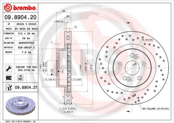 A.B.S. 09.8904.20 - Гальмівний диск autozip.com.ua