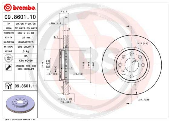 A.B.S. 09.8601.11 - Гальмівний диск autozip.com.ua