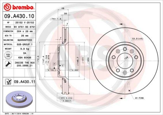 A.B.S. 09.A430.11 - Гальмівний диск autozip.com.ua