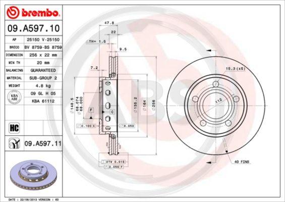 A.B.S. 09.A597.11 - Гальмівний диск autozip.com.ua