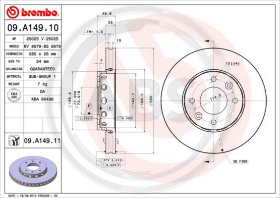 A.B.S. 09.A149.10 - Гальмівний диск autozip.com.ua