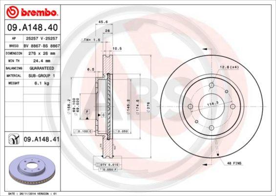 A.B.S. 09.A148.40 - Гальмівний диск autozip.com.ua