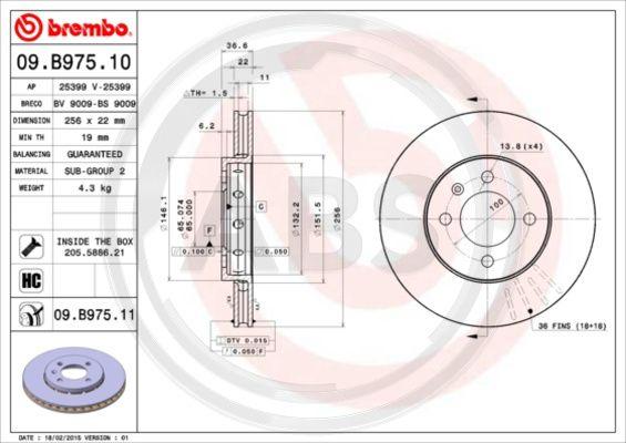 A.B.S. 09.B975.11 - Гальмівний диск autozip.com.ua