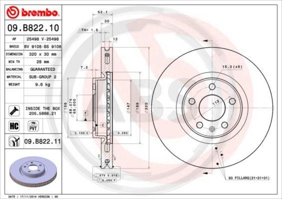 A.B.S. 09.B822.11 - Гальмівний диск autozip.com.ua