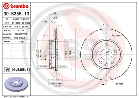 A.B.S. 09.B355.10 - Гальмівний диск autozip.com.ua