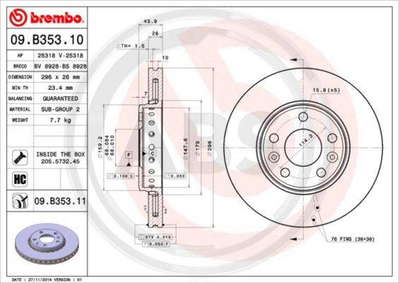 A.B.S. 09.B353.10 - Гальмівний диск autozip.com.ua
