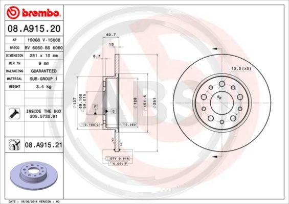 A.B.S. 08.A915.21 - Гальмівний диск autozip.com.ua