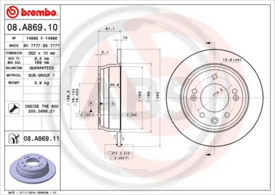 A.B.S. 08.A869.11 - Гальмівний диск autozip.com.ua