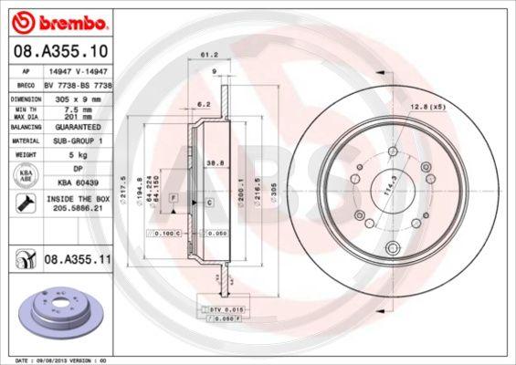 A.B.S. 08.A355.11 - Гальмівний диск autozip.com.ua