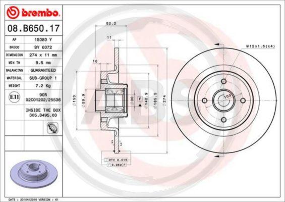 A.B.S. 08.B650.17 - Гальмівний диск autozip.com.ua