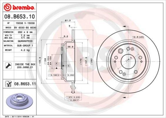 A.B.S. 08.B653.11 - Гальмівний диск autozip.com.ua