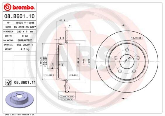 A.B.S. 08.B601.11 - Гальмівний диск autozip.com.ua