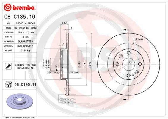 A.B.S. 08.C135.11 - Гальмівний диск autozip.com.ua