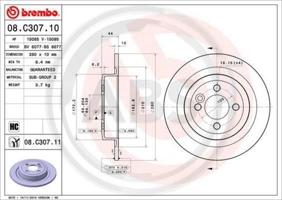 A.B.S. 08.C307.11 - Гальмівний диск autozip.com.ua