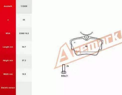 Acemark 112650 - Гальмівні колодки, дискові гальма autozip.com.ua