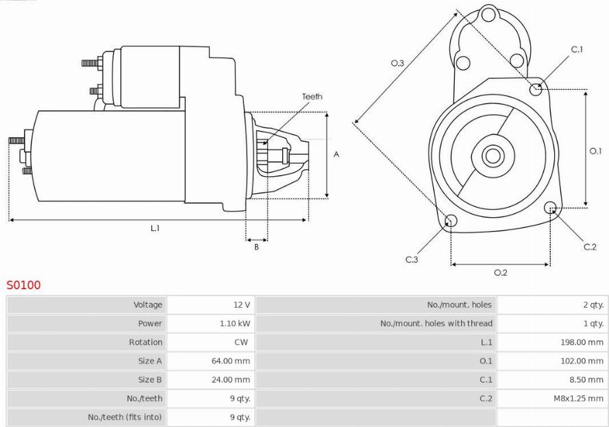 AS-PL S0100 - Стартер 1.1 kw Opel Astra H 1.3CDTi 05-10-Astra J 1.3CDTI 12-15-Corsa C.D 1.3CDTI 06- autozip.com.ua