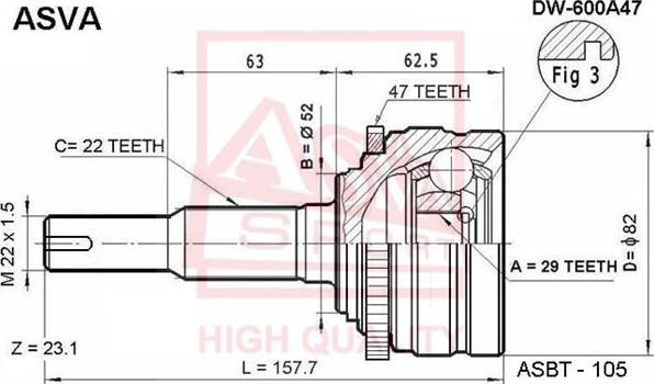 ASVA DW-600A47 - Шарнірний комплект, ШРУС, приводний вал autozip.com.ua