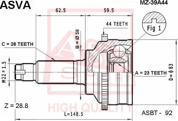 ASVA MZ-39A44 - Шарнірний комплект, ШРУС, приводний вал autozip.com.ua