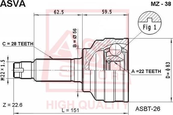 ASVA MZ-38 - Шарнірний комплект, ШРУС, приводний вал autozip.com.ua