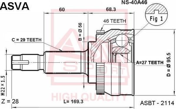 ASVA NS-40A46 - Шарнір, ШРУС, приводний вал autozip.com.ua