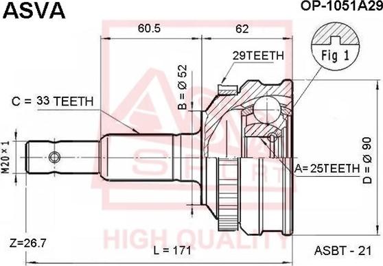 ASVA OP-1051A29 - Шарнірний комплект, ШРУС, приводний вал autozip.com.ua