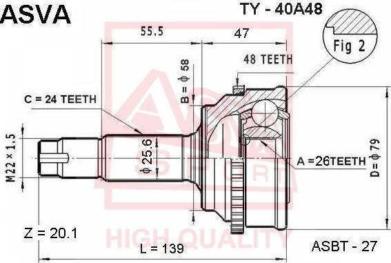 ASVA TY-40A48 - Шарнірний комплект, ШРУС, приводний вал autozip.com.ua