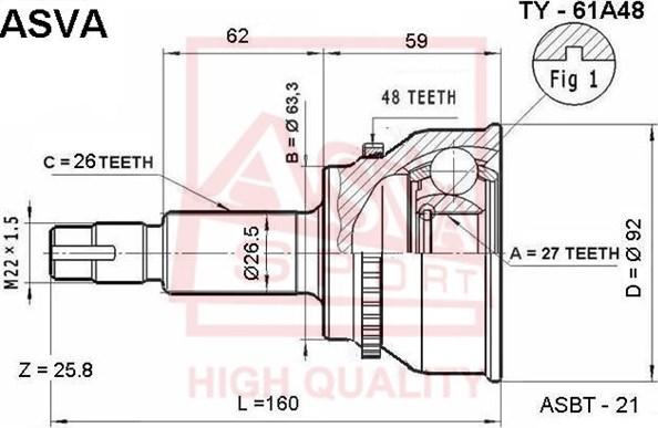 ASVA TY-61A48 - Шарнірний комплект, ШРУС, приводний вал autozip.com.ua