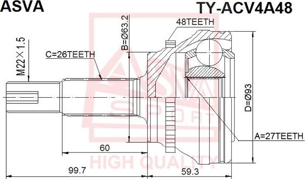 ASVA TY-ACV4A48 - Шарнірний комплект, ШРУС, приводний вал autozip.com.ua