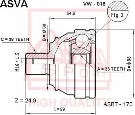 ASVA VW-018 - Шарнірний комплект, ШРУС, приводний вал autozip.com.ua