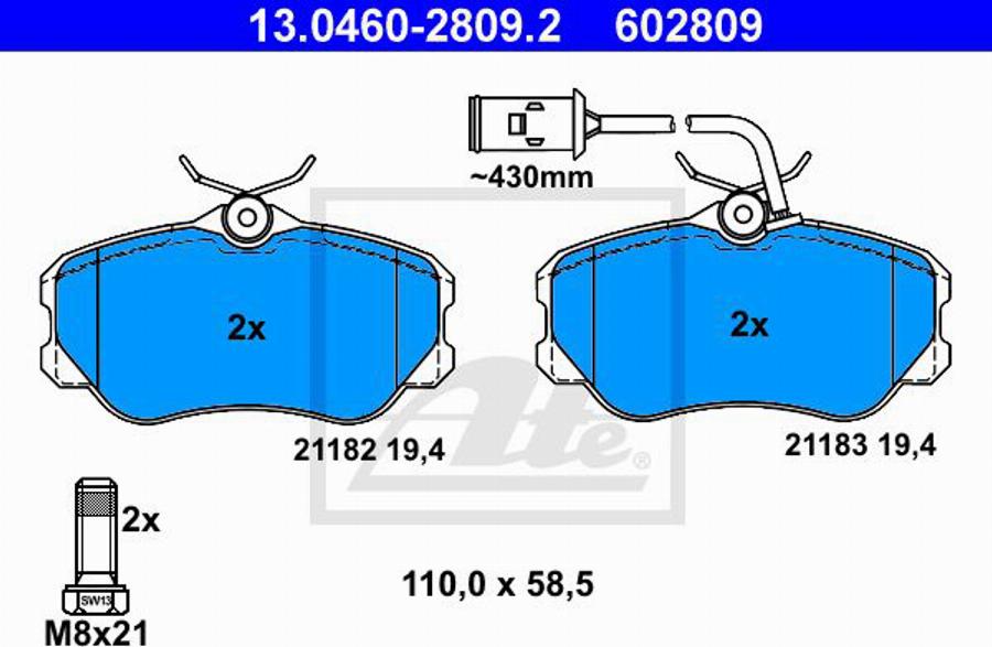 ATE 602809 - Гальмівні колодки, дискові гальма autozip.com.ua