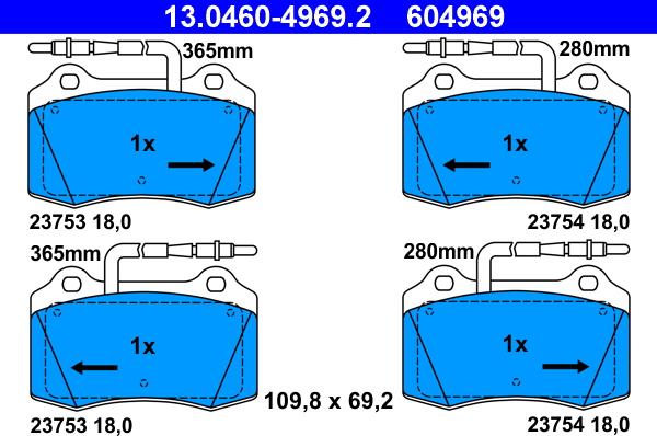 ATE 13.0460-4969.2 - Гальмівні колодки, дискові гальма autozip.com.ua