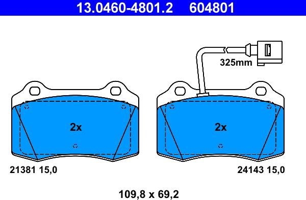 ATE 13.0460-4801.2 - Гальмівні колодки, дискові гальма autozip.com.ua