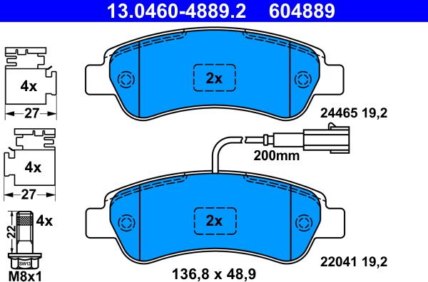 ATE 13.0460-4889.2 - Гальмівні колодки, дискові гальма autozip.com.ua