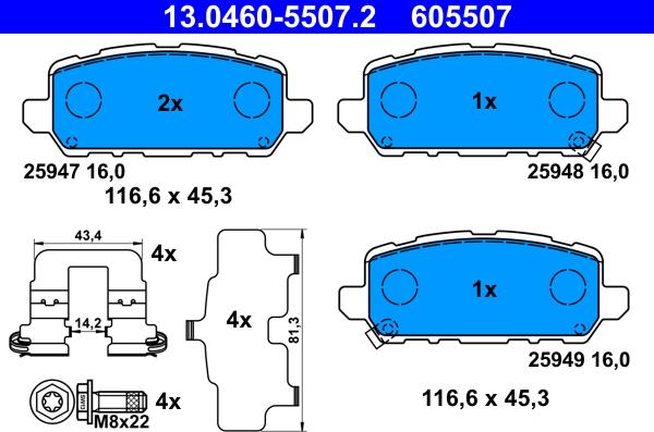 ATE 13.0460-5507.2 - Гальмівні колодки, дискові гальма autozip.com.ua