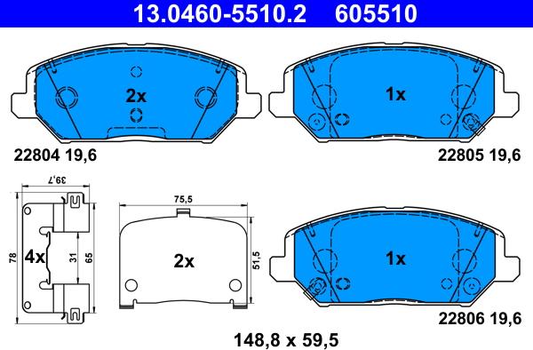 ATE 13.0460-5510.2 - Гальмівні колодки, дискові гальма autozip.com.ua