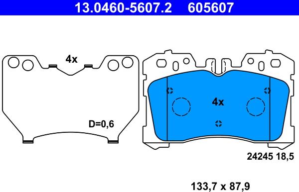 ATE 13.0460-5607.2 - Гальмівні колодки, дискові гальма autozip.com.ua